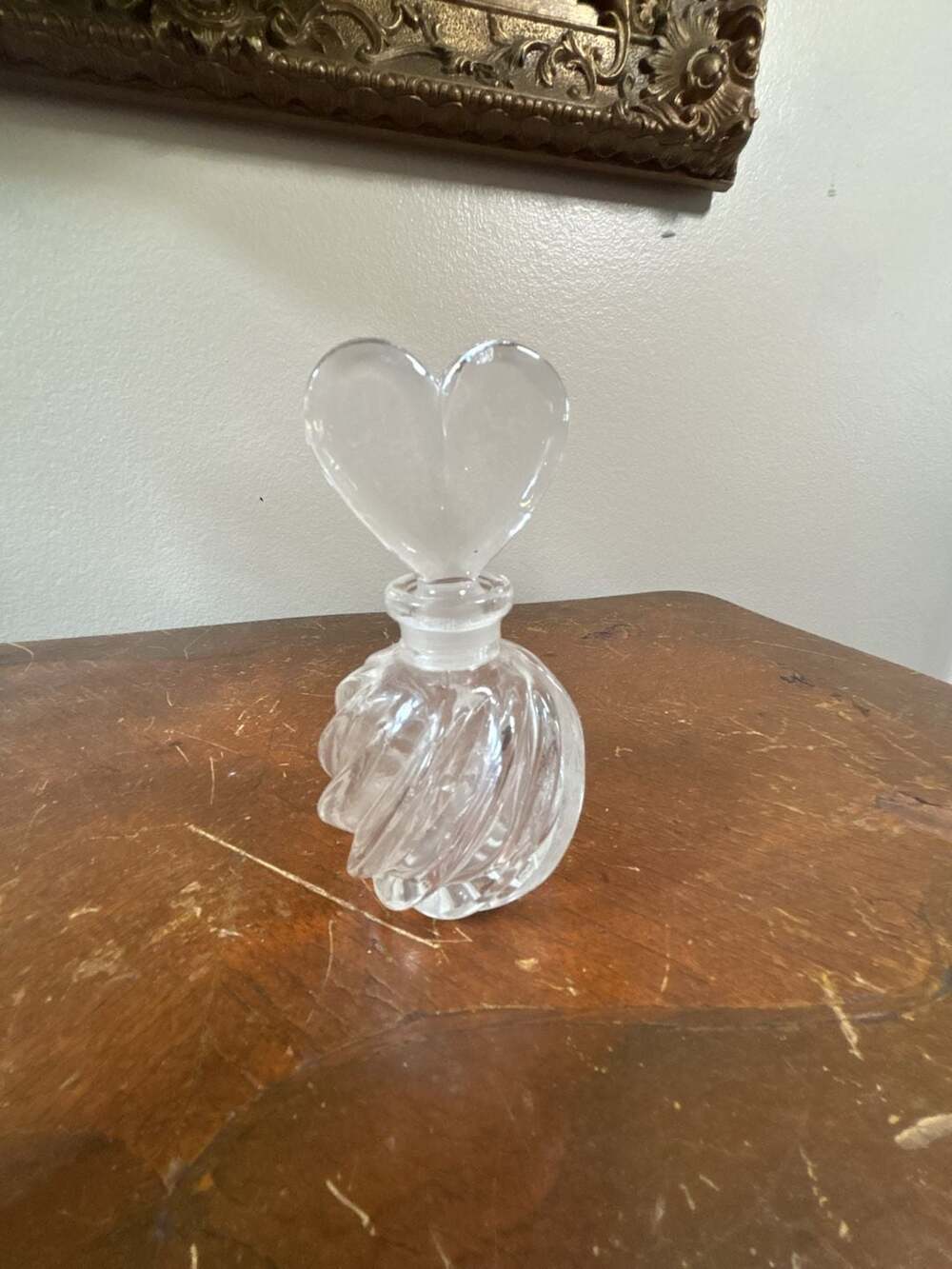 Vintage Clear Swirl Glass Perfume Bottle with Heart Stopper